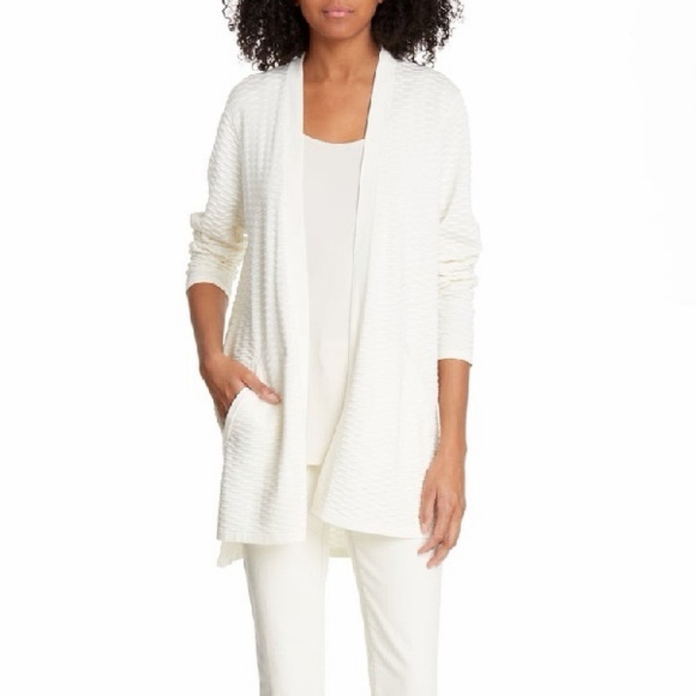 Eileen Fisher Silk Organic Cotton Knit Open Front Cardigan XS Ivory Textured